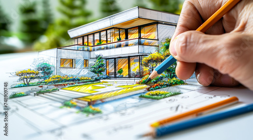 The architect draws the layout of a modern house,Generated by AI