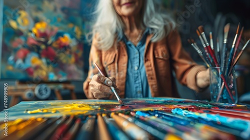 Older Adults Showcasing Creativity and Skills Through Artistic Activities. Concept Senior Art Classes, Creative Aging Workshops, Elderly Art Exhibitions, Skillful Seniors Art Shows photo