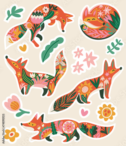 Sticker set of five sweet red foxes and flowers in folk style