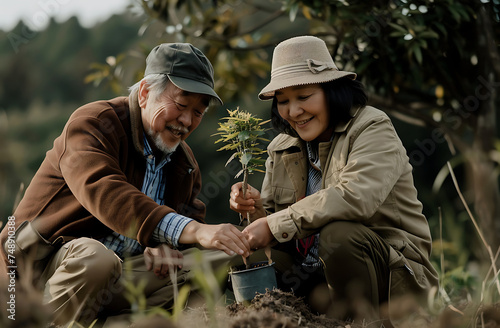 Retired couple planting tree outdoors