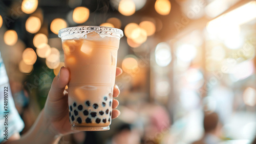 Happy Asian beautiful woman holding glass of bubble tea in her hand .