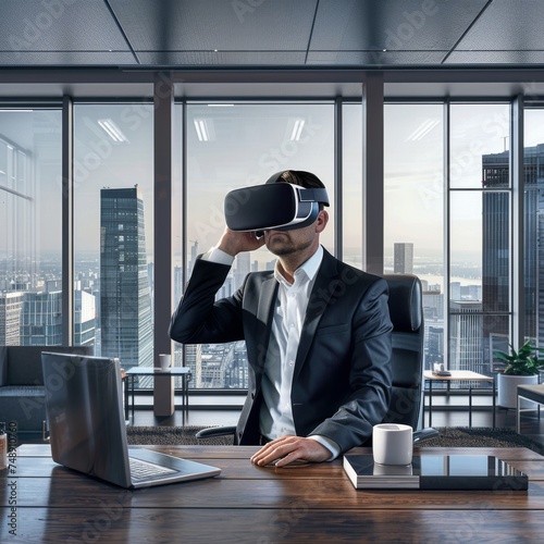 business man virtual reality ugmented reality Visualize any product in their Office spaces mockup screen photo