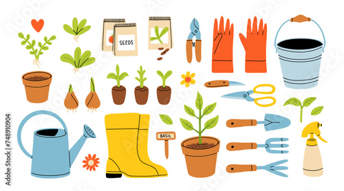 Set of gardening items in hand drawn cartoon style. Various agricultural and garden tools for spring work. Growing potted plants, seedling. Vector clip art illustration isolated on white background