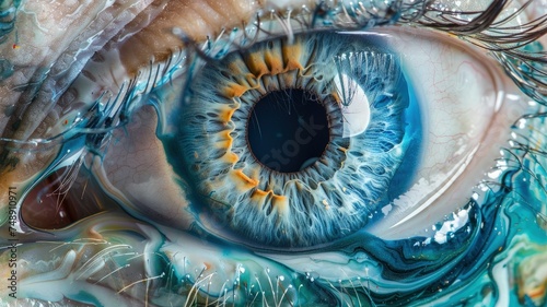 Captivating close-up eye, liquid marble, alcohol ink, and contemporary art converge in a beautiful abstract background.