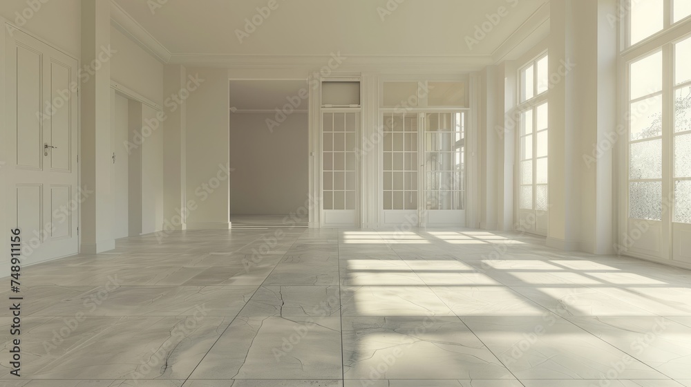 An empty room interior background with a minimalist aesthetic, featuring a spacious layout, and neutral color palette