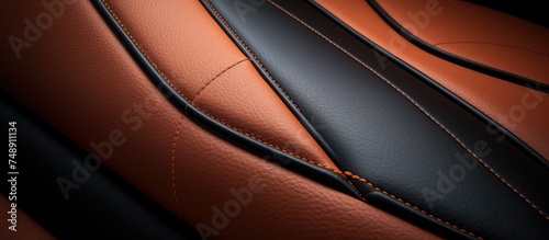 A detailed close-up view of a leather seat featuring intricate stitching patterns. The leather is smooth and well-preserved, showcasing the craftsmanship of the stitching work. photo