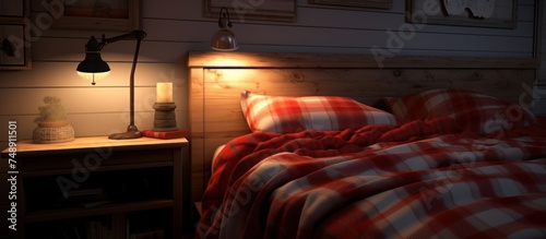 Interior of bedroom with knitted plaid. photo