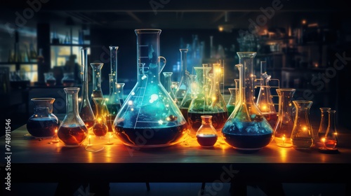 A Photo of a hyper detailed shot of laboratory glassware filled with colorful solutions Laboratory concept Laboratory Glassware Overflowing with a Spectrum of Chemicals