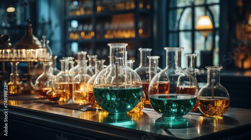 Laboratory glassware with colorful liquids. Science and research concept