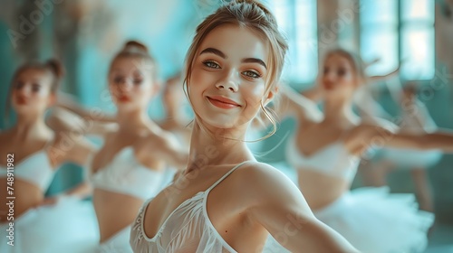 Young ballerinas gracefully perform choreographed ballet routine in a dance rehearsal. Concept Ballet, Dance Rehearsal, Young Performers, Graceful Movements, Choreographed Routine