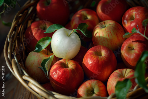 This image features a striking contrast within a basket of richly colored red and green apples  where a single albino apple stands out with its pure white hue and delicate  translucent skin.