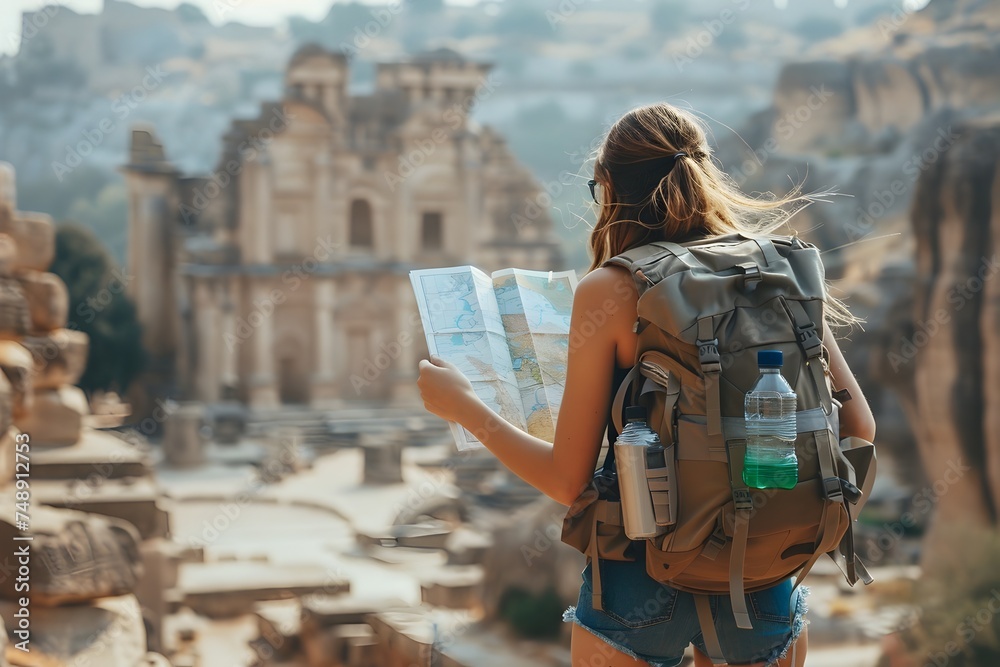 Female Traveler Studying Map in Ancient City