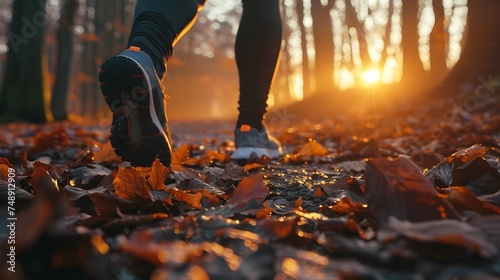 Woman Running in Autumn Forest During Sunrise