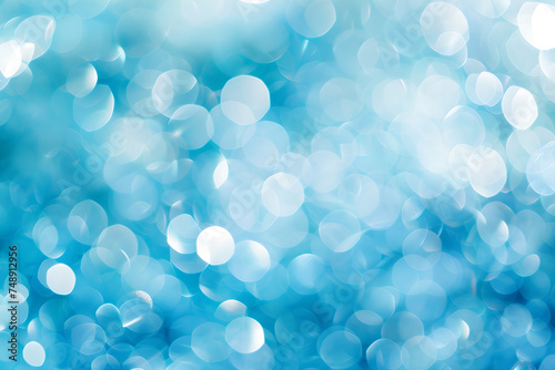 Blue and white bokeh lights background. Sky with clouds concept. Abstarct blurred glitter backdrop. Defocused light. Design for banner, wallpaper. 