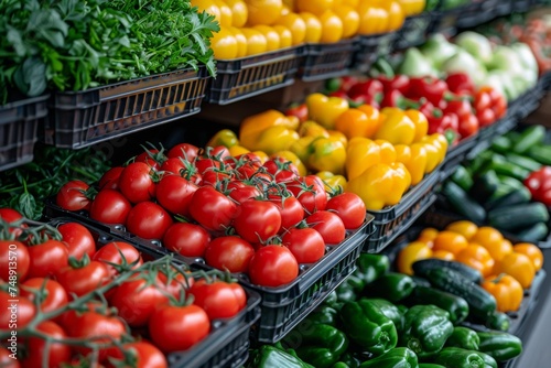 A vibrant array of fresh vegetables neatly organized on market shelves  showcasing healthy food options