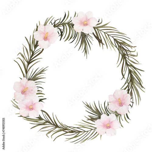 Tropical frame with pam leaves and flowers. Watercolor wedding wreath, hand drawn isolated illustration on white background photo
