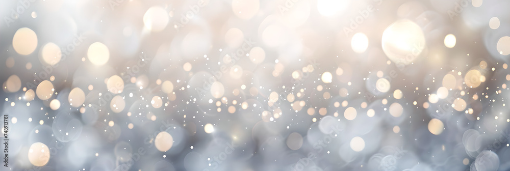 Abstract white bokeh lights background. Blurred shiny glitter backdrop. Defocused light texture. Design for banner, wallpaper. Modern and minimalist concept