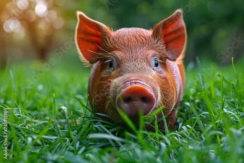 Adorable piglet resting in fresh green grass, signifying new beginnings and nature's simplicity