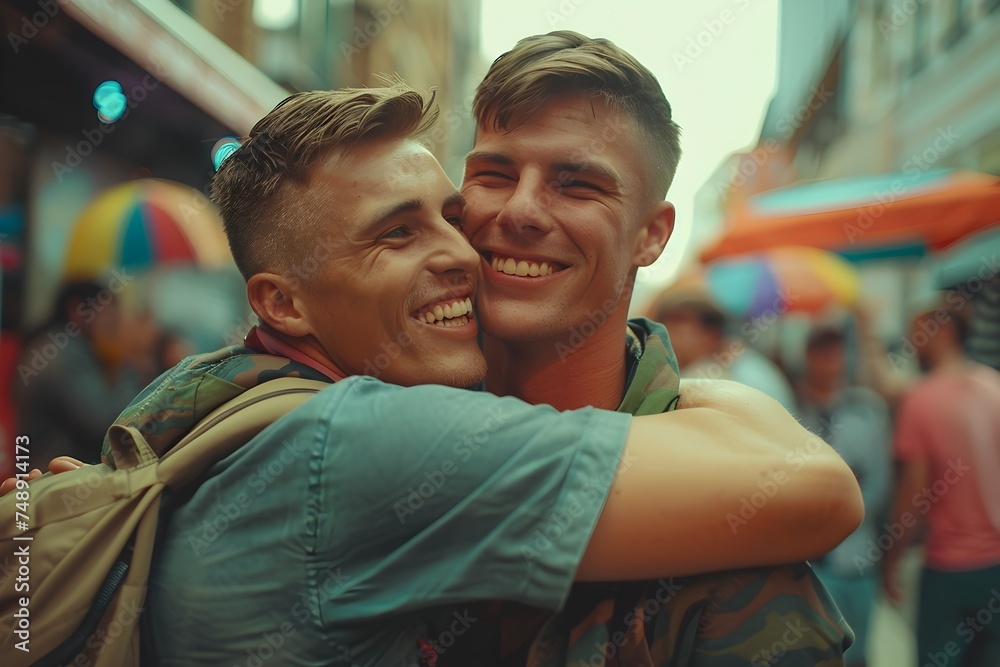 Gay Couple Embracing in a Colorful City Street