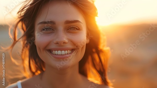 The Joyful Radiance of a Woman's Smile in a Sunset Portrait. Concept Sunset Photoshoot, Radiant Smile, Joyful Woman, Outdoor Portrait, Vibrant Colors