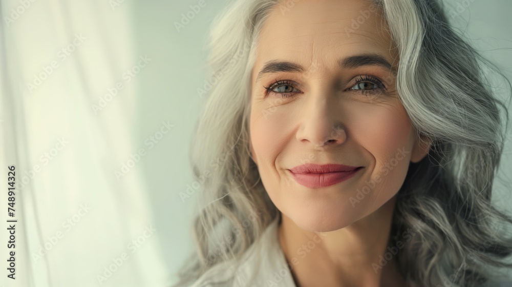 Portrait of a graceful senior woman smiling, mature woman with elegant silver hair and a warm expression Portrait of a graceful senior woman smiling, mature woman with elegant silver hair and a warm expression