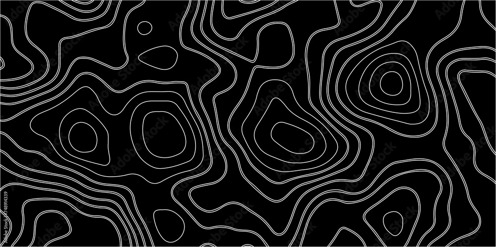 Black background with white lines. Topographic texture Black background with white lines. Topographic texture