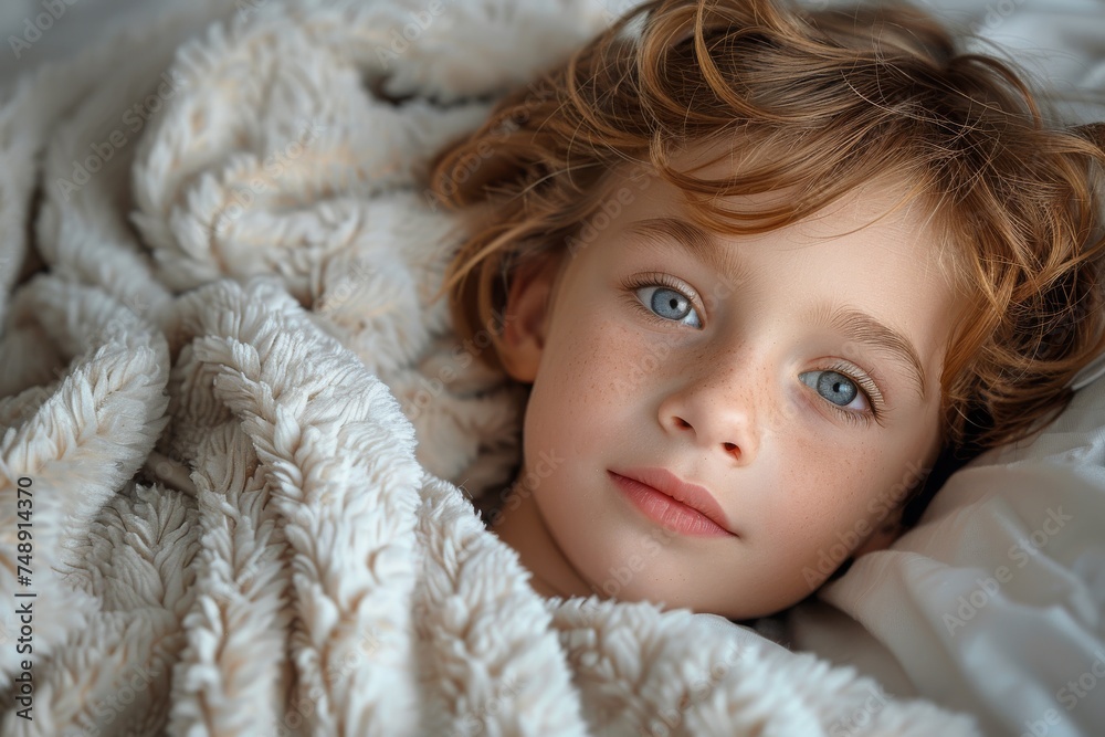 A tender image of a child with bright blue eyes lying down, wrapped warmly in a blanket A tender image of a child with bright blue eyes lying down, wrapped warmly in a blanket