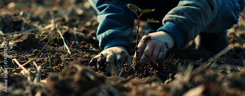 Boy planting a tree in the dirt, in the style of bokeh panorama
