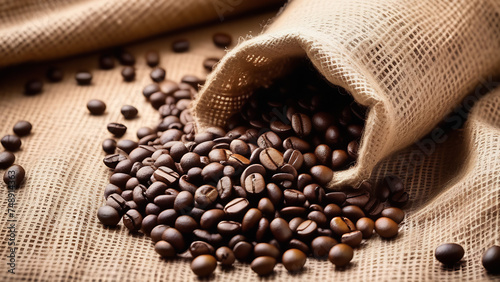 Coffee beans in sack with free space for text on sack background