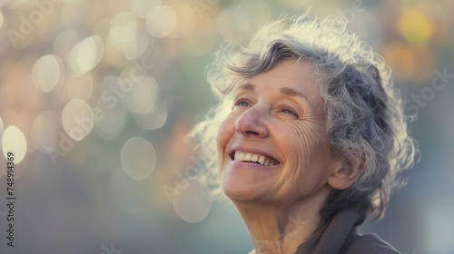 Side portrait of a joyful senior woman with curly gray hair, smiling upward in the warm glow of autumn sunshine