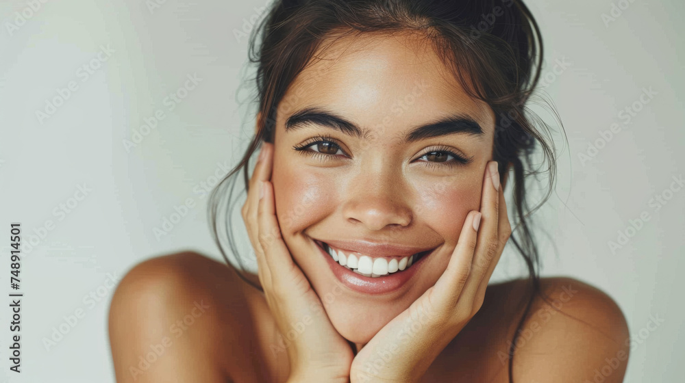 young woman with dark skin, smiling at the camera with her hands on her cheeks. young woman with dark skin, smiling at the camera with her hands on her cheeks.