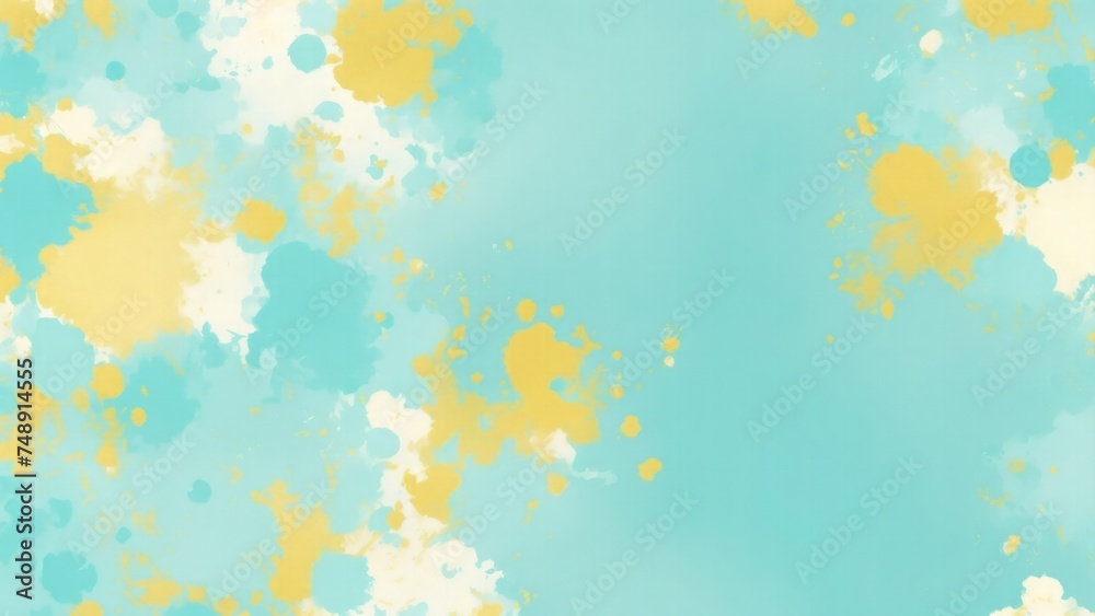 Cyan Teal Gold and White Hazy paint splatter pastel background