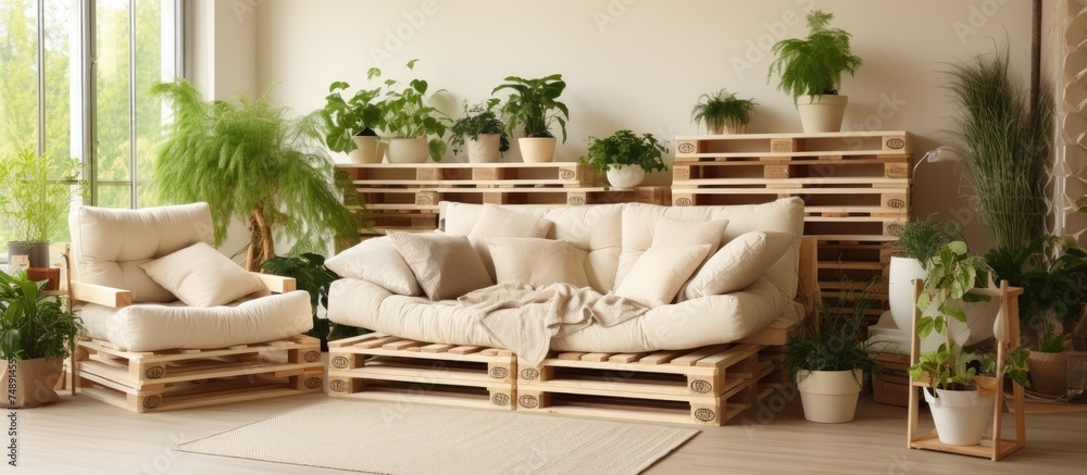 The living room is adorned with various furniture pieces such as a sofa, armchairs, and a DIY pallet bed, all in earthy beige tones. Numerous potted plants are scattered throughout the room,