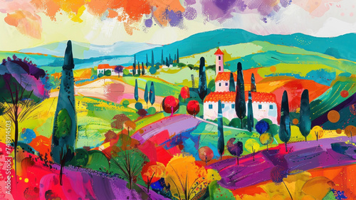 A beautiful landscape in Tuscany, colorful painting, abstract background