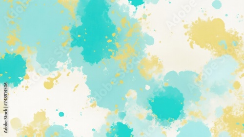 Cyan Teal Gold and White Hazy paint splatter pastel background