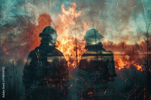 scene portraying two firefighters facing a blaze, rendered with realistic depictions of human form, utilizing techniques such as transparency, opacity, mechanical designs, photocollage
