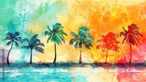 Palm trees on the beach  colorful painting  abstract background