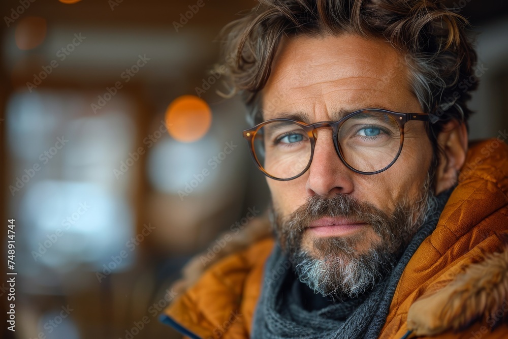 A close-up portrait of a middle-aged man in cold weather attire looking contemplatively out of the frame