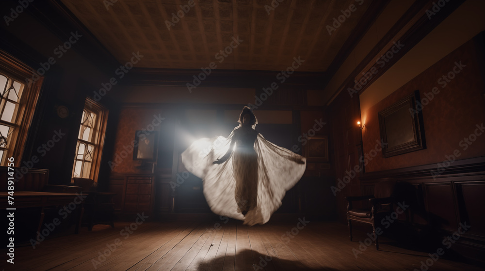 A mysterious and eerie headless suit suspended in mid-air against abandoned Victorian mansion interior
 - obrazy, fototapety, plakaty 