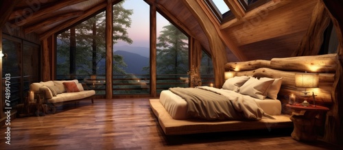 A bedroom featuring a spacious wooden interior with a sizable bed positioned in the center of the room.