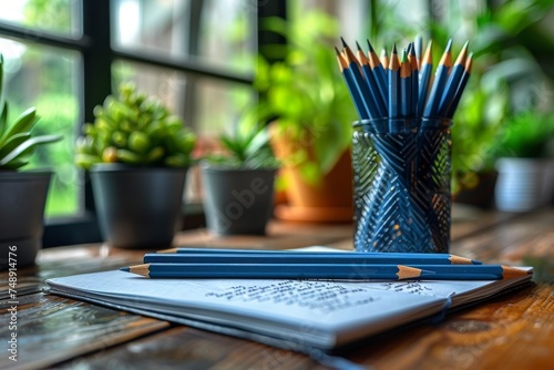An open notebook with handwritten notes and sketches, surrounded by colored pencils and plants on a wooden desk, indicating a creative workspace photo