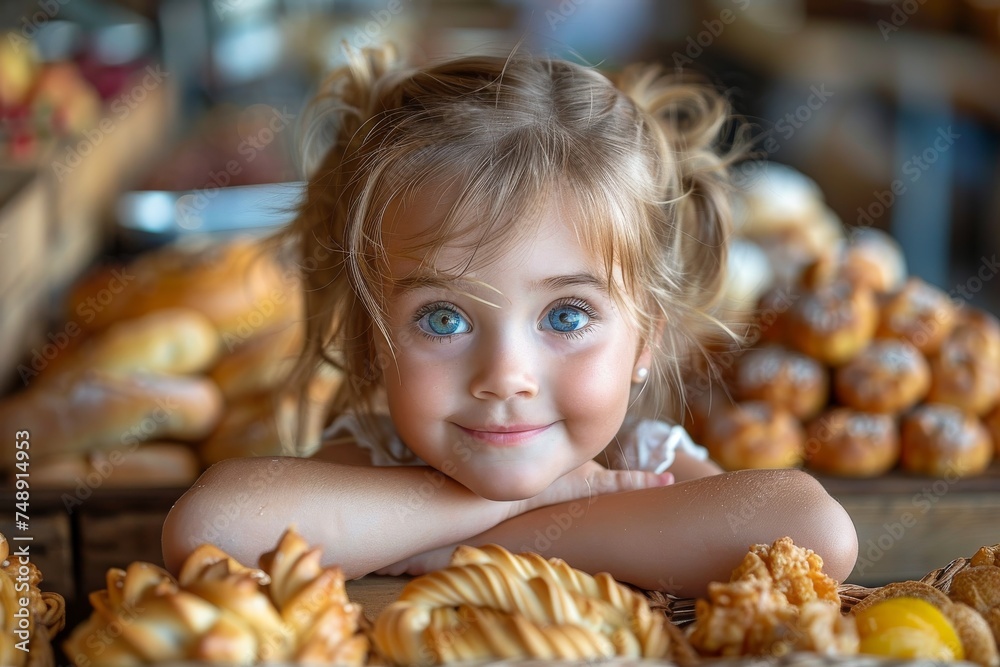 A young girl, with striking blue eyes, leans on a counter surrounded by delicious pastries, brimming with delight