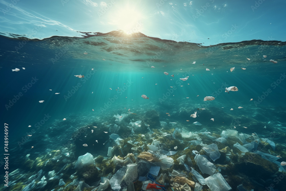 Pollution of plastic and Garbage in open sea concept.