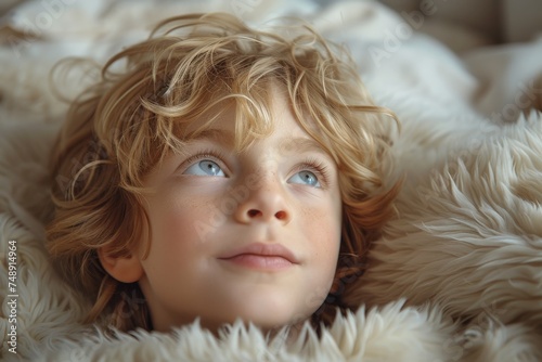 A blonde curly-haired boy lays cozily wrapped in a fluffy blanket with a soft, dreamy gaze
