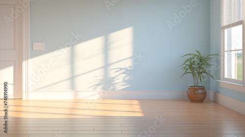Minimalist Home Decor with Light Blue Walls and a Single Plant in Brown Pot, Sunlight from Window