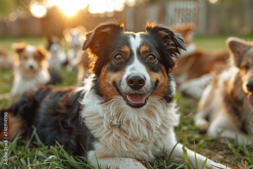 A joyful dog with a group of others in a sunlit backyard, focus on one looking at the camera © svastix