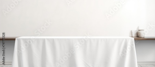A front view of an empty white table covered with a white cloth against a white wall, providing a clean and minimalist aesthetic suitable for interior design concepts.