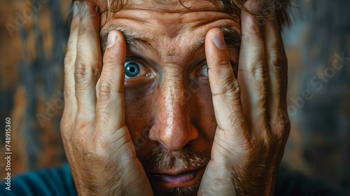 Shy man peeking through fingers with bashful expression. Concept Portrait Photography, Shy Expression, Artistic Poses, Emotional Portraits, Male Models © Anastasiia