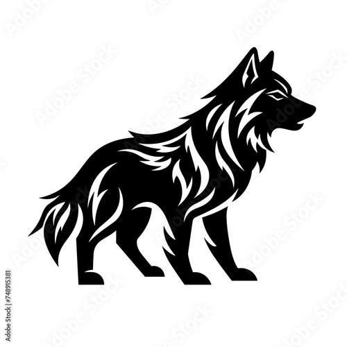 wolf full body black and white vector illustration isolated transparent background logo, cut out or cutout t-shirt print design
