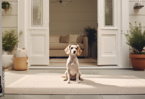a dog sits on a rug in front of open door